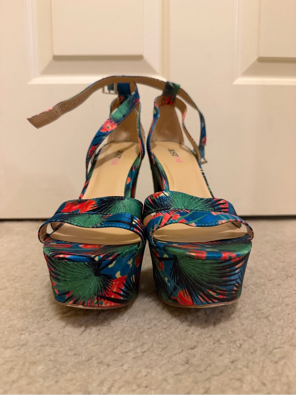 JustFab Tropical Print Platform Sandals in Blue and Green